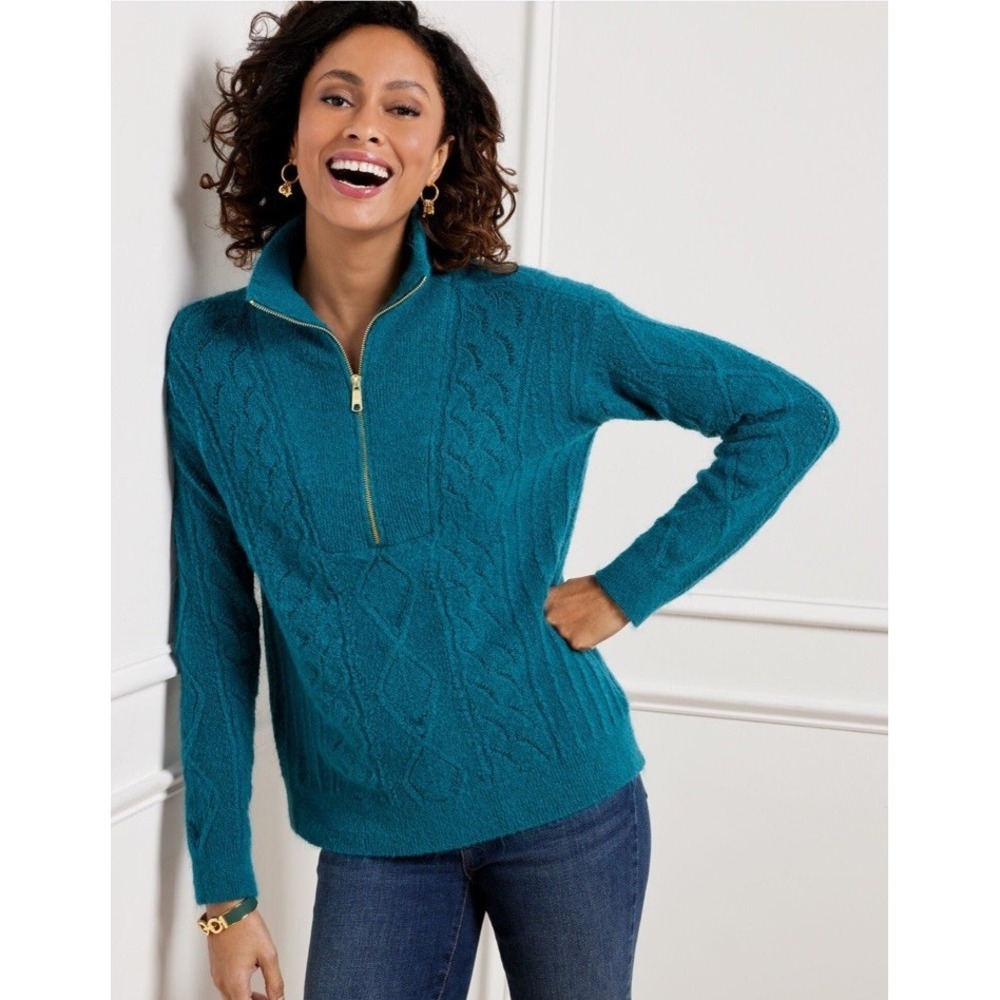 Talbots Sweater‎ Womens Small S Blue Mock Neck Stretch Soft Knit 1/2 Zip Preppy